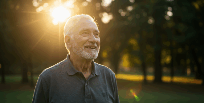 Prompt: An inspiring, cinematic shot of the same elderly man from the first prompt, now looking healthy and content. He is enjoying a peaceful morning walk in a beautiful, sun-dappled park, smiling serenely. Hopeful, uplifting golden hour light, lens flare, vibrant colors, photorealistic, 4K.