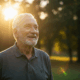 Prompt: An inspiring, cinematic shot of the same elderly man from the first prompt, now looking healthy and content. He is enjoying a peaceful morning walk in a beautiful, sun-dappled park, smiling serenely. Hopeful, uplifting golden hour light, lens flare, vibrant colors, photorealistic, 4K.