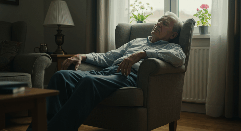 Prompt: An elderly man slumped in an armchair in his living room, looking utterly exhausted and drained of energy. Bright daylight streams from a window, but his posture and vacant expression convey a deep, chronic fatigue. photorealistic, cinematic lighting, ultra-detailed, 8K, shot on Sony Alpha A7S III --ar 16:9
