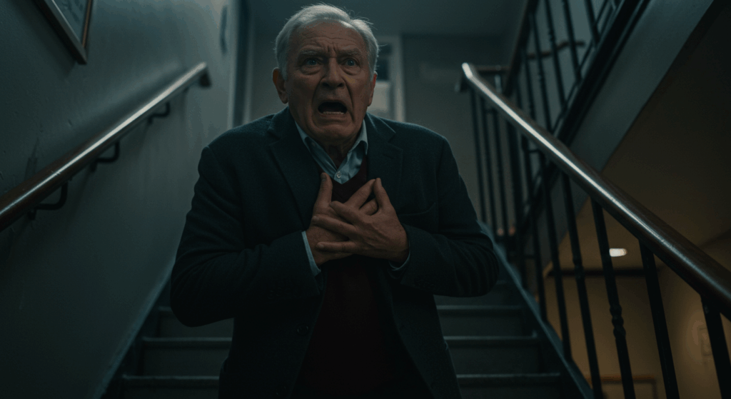 Prompt: A dramatic low-angle shot of an elderly man stopped halfway up a flight of stairs, clutching his chest with a look of sharp pain and shock on his face. The moment feels urgent and critical. photorealistic, cinematic lighting, ultra-detailed, 8K, shot on Sony Alpha A7S III --ar 16:9
