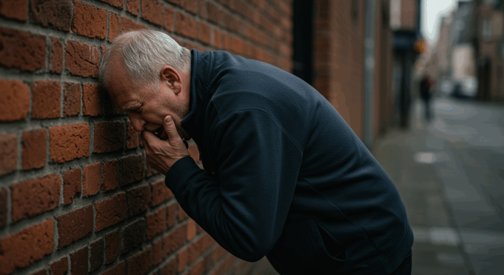 Prompt: An elderly man leaning against an exterior brick wall, bent over and gasping for breath after a very short walk. His face shows extreme exertion and shortness of breath. photorealistic, cinematic lighting, ultra-detailed, 8K, shot on Sony Alpha A7S III --ar 16:9
