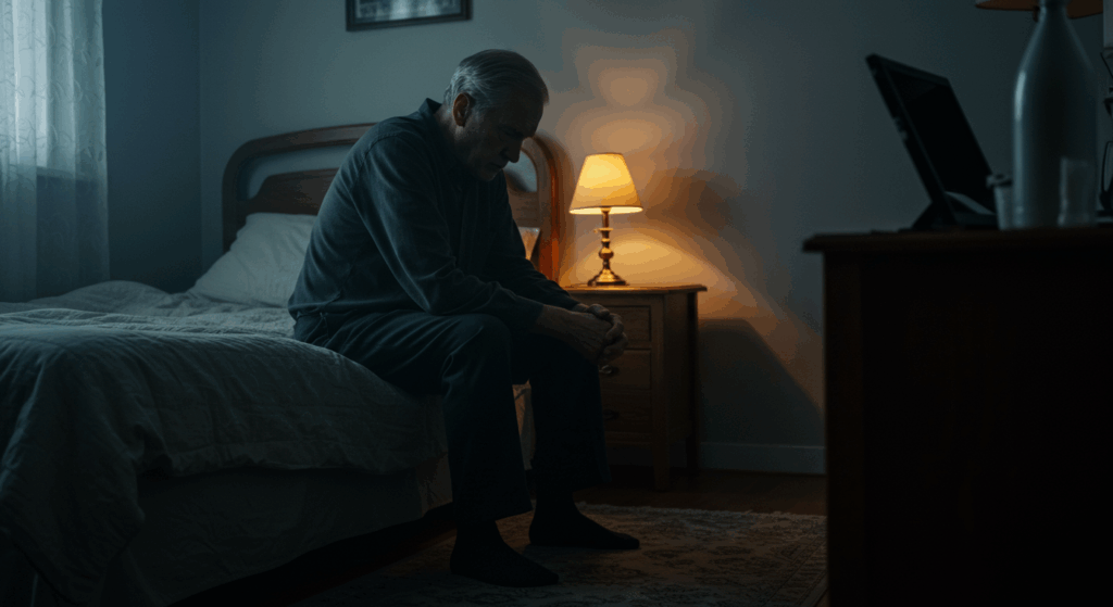 Prompt: A symbolic and tasteful image. An elderly man sits on the edge of a bed in a dimly lit room, his head bowed with a sad, contemplative expression. The mood is one of emotional distance and private struggle. No explicit content. photorealistic, cinematic lighting, ultra-detailed, 8K, shot on Sony Alpha A7S III --ar 16:9
