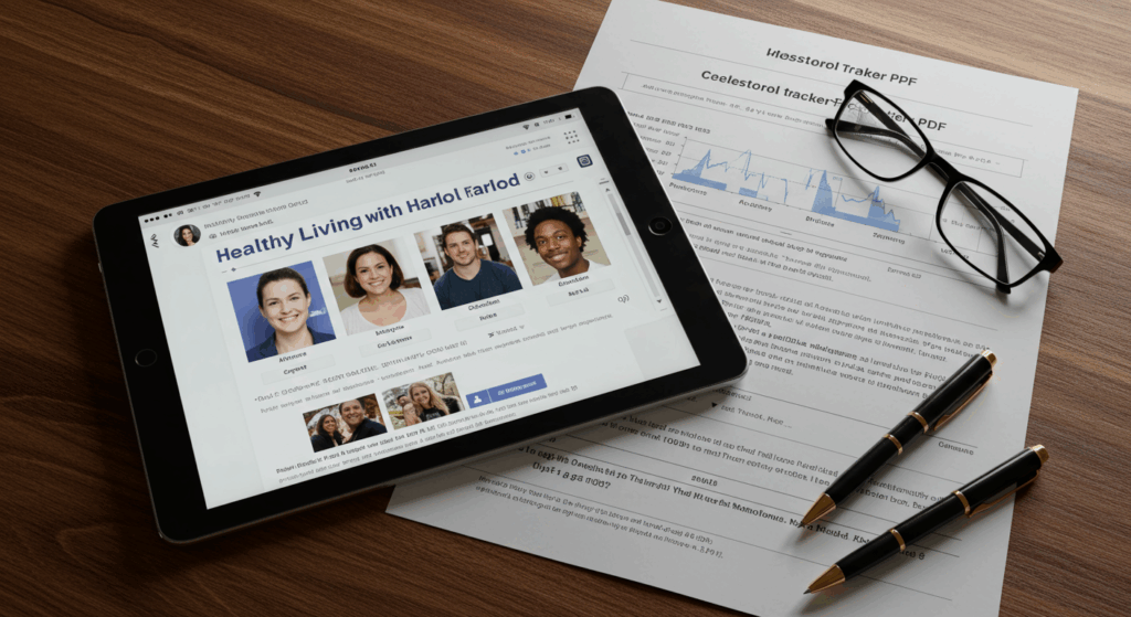 Prompt: A clean top-down flat lay shot. On a wooden desk, a tablet displays a realistic Facebook group page titled "Healthy Living with Harold". Next to it lies a paper document clearly marked "Cholesterol Tracker PDF", along with a pen and reading glasses. photorealistic, cinematic lighting, ultra-detailed, 8K, shot on Sony Alpha A7S III --ar 16:9
