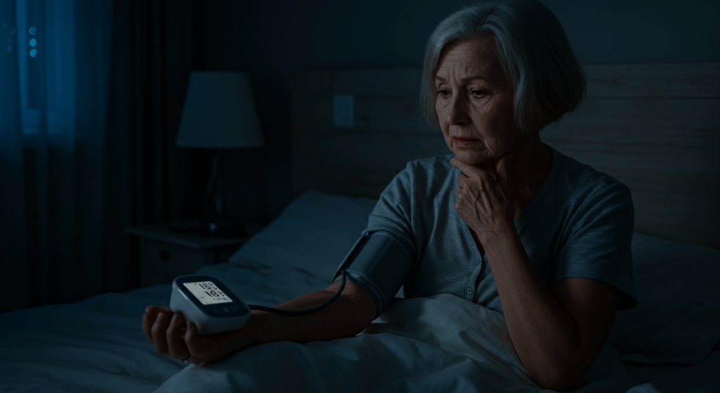 A dramatic, photorealistic scene. An elderly woman (around 72) is sitting on her bed at night, looking worriedly at a blood pressure monitor on her wrist. The reading on the monitor glows faintly, showing a high number like "160/100". The room is dark, lit only by the device's screen.
