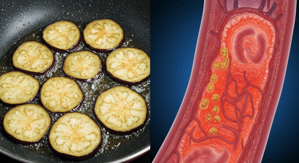 A split-screen, photorealistic image. On the left, a sizzling pan of eggplant slices absorbing a large amount of glistening oil. On the right, a medical illustration of an artery with red, inflamed walls and building plaque. The transition between the two images is seamless, visually linking the food to the medical condition.
