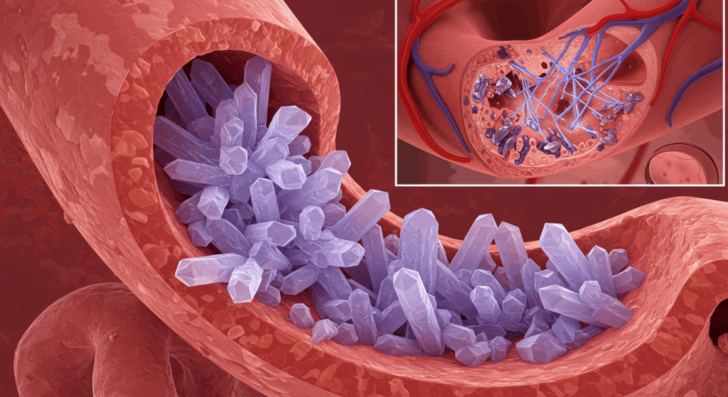 A macro, 3D medical visualization. Sharp, microscopic calcium oxalate crystals are shown forming and accumulating inside a kidney tubule. The crystals are sharp and jagged. In the background, a cross-section of a blood vessel shows similar crystals scratching the arterial wall.
