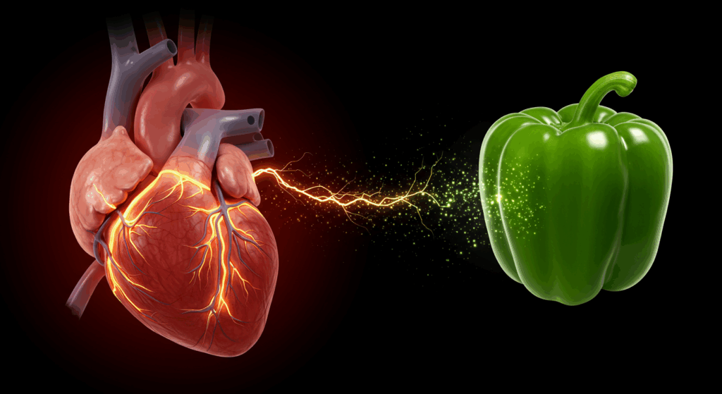 A conceptual, photorealistic image. A cross-section of a human heart with glowing, over-stimulated nerve endings that look like lightning bolts. In the corner, a green bell pepper is shown with faint, glowing particles (representing alkaloids) being released and traveling towards the heart. The style is dramatic and illustrative of a neuro-cardiac reaction.
