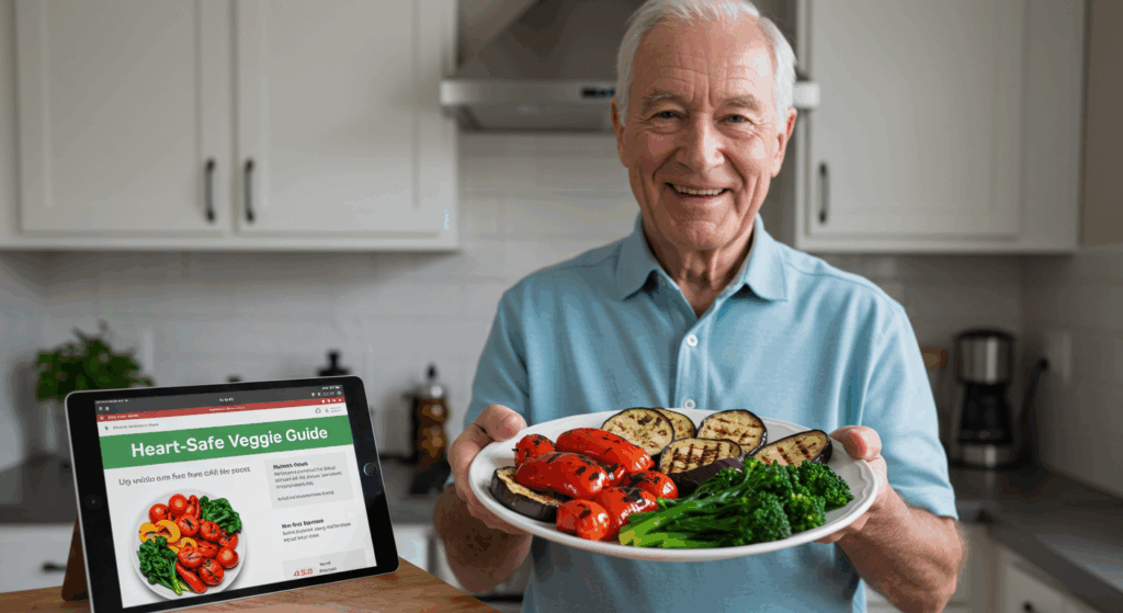 A bright, hopeful, and clean image. Harold Bennett (76) is smiling warmly in his kitchen, holding up a beautifully grilled plate of colorful vegetables (red peppers, grilled eggplant, steamed spinach). The background is a clean kitchen with a "Heart-Safe Veggie Guide" PDF visible on a tablet screen. The feeling is empowering and positive.
