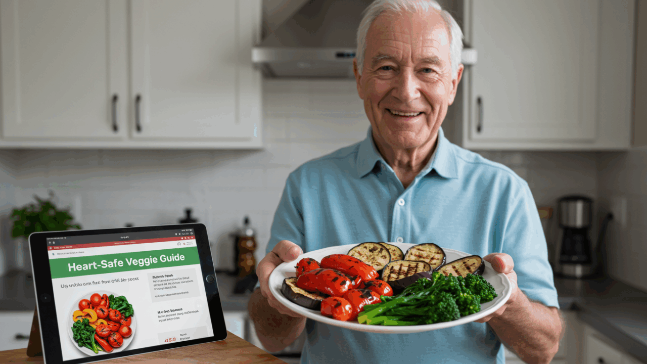 A bright, hopeful, and clean image. Harold Bennett (76) is smiling warmly in his kitchen, holding up a beautifully grilled plate of colorful vegetables (red peppers, grilled eggplant, steamed spinach). The background is a clean kitchen with a "Heart-Safe Veggie Guide" PDF visible on a tablet screen. The feeling is empowering and positive.