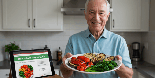 A bright, hopeful, and clean image. Harold Bennett (76) is smiling warmly in his kitchen, holding up a beautifully grilled plate of colorful vegetables (red peppers, grilled eggplant, steamed spinach). The background is a clean kitchen with a 