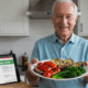 A bright, hopeful, and clean image. Harold Bennett (76) is smiling warmly in his kitchen, holding up a beautifully grilled plate of colorful vegetables (red peppers, grilled eggplant, steamed spinach). The background is a clean kitchen with a 