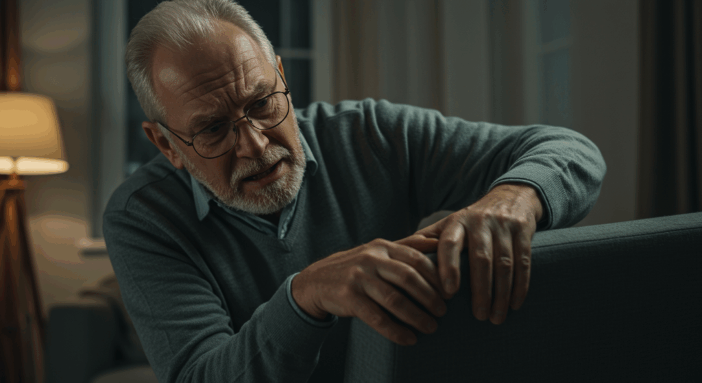 Photorealistic image from a slightly tilted, disorienting angle. A senior man has just stood up from a chair and is gripping the armrest for support, his face showing clear signs of dizziness and confusion. The background is slightly blurred to simulate vertigo. Cinematic, soft indoor lighting.
