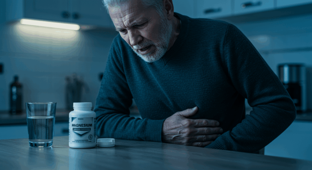 A senior man sits hunched over at a kitchen table, one hand on his stomach in discomfort. On the table next to him is an open bottle of magnesium supplements and a glass of water. The scene has a cold, blueish tint to convey a feeling of sickness. Photorealistic, emotional.

