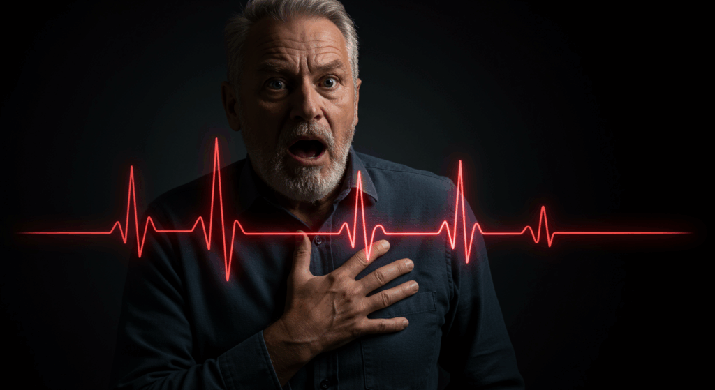 A dramatic, dark photo of a senior man clutching his chest over his heart, his face showing surprise and panic. A glowing, erratic, jagged red ECG line is graphically superimposed over his chest area. High contrast, cinematic, medical visualization.
