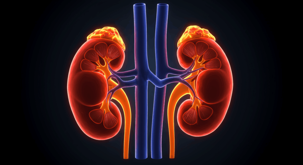 A clean, professional 3D medical illustration of human kidneys against a dark background. The kidneys are glowing with a stressful, hot orange-red color, indicating damage and overwork from hypercalciuria. High detail, scientific visualization, 4K.
