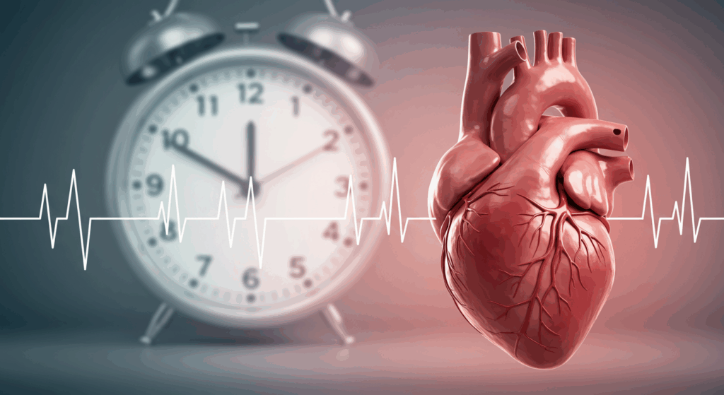 Prompt: "A conceptual image of a human heart whispering with a blurred clock in the background, symbolizing time and early warnings, medical and metaphorical style, soft lighting, health illustration style" 