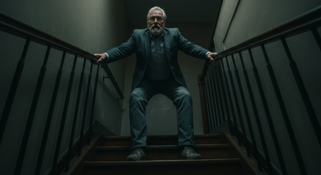 Photorealistic image of a senior man at the bottom of a staircase, looking up with an expression of exhaustion and despair. His legs appear heavy, and he's gripping the banister tightly, unable to take the first step. The legs have a subtle, metaphorical 'stone' texture. Emotional, cinematic lighting.
