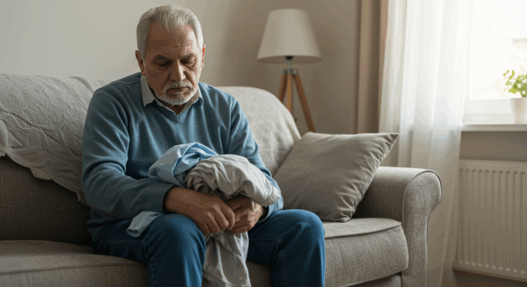 Prompt: "An elderly man sitting on a couch with a tired expression, holding laundry in hand, looking unusually exhausted, home interior, daylight through window, soft muted tones" 