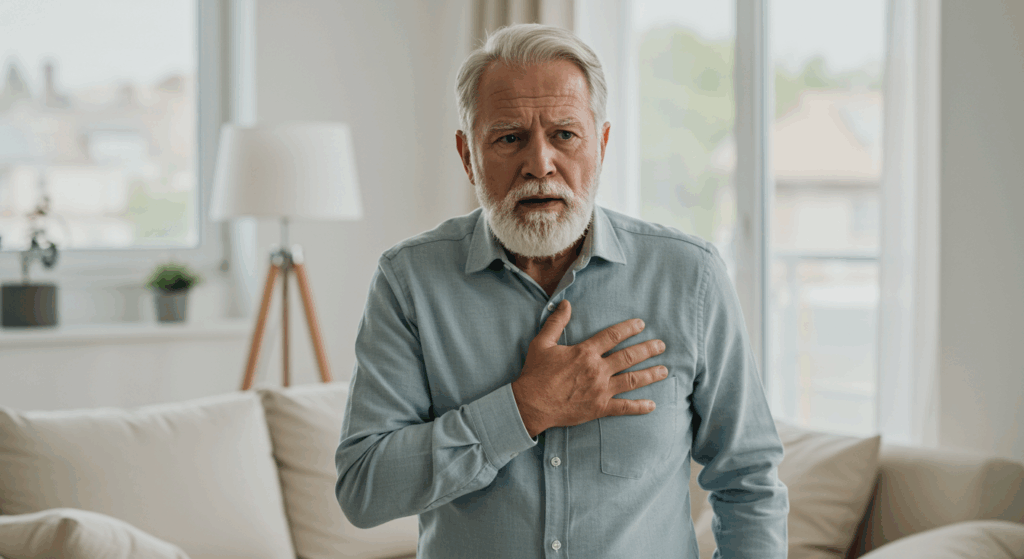 Prompt: "A senior male struggling to catch his breath after walking across a room, hand on chest, looking surprised and slightly anxious, modern living room background, realistic lighting" 