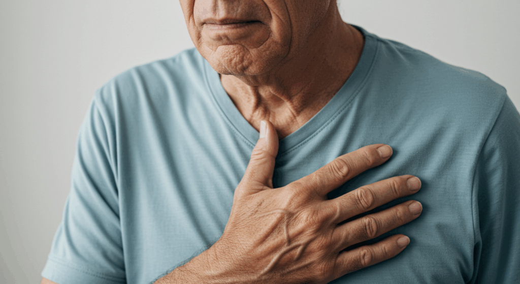 Prompt: "A close-up of an elderly man's torso showing subtle pressure in the chest area, hand pressing over the heart area, neutral background, soft shadowing, emotional expression." 