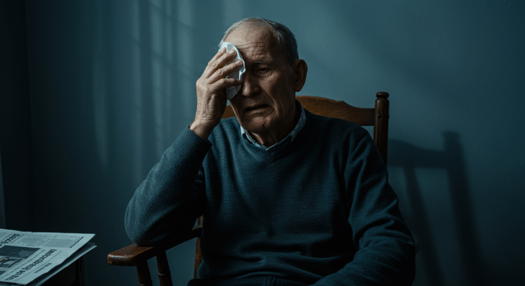Prompt: "An elderly man wiping cold sweat from his forehead while sitting still, indoor scene, cool blue and gray tones, visible discomfort, natural ambient lighting" 