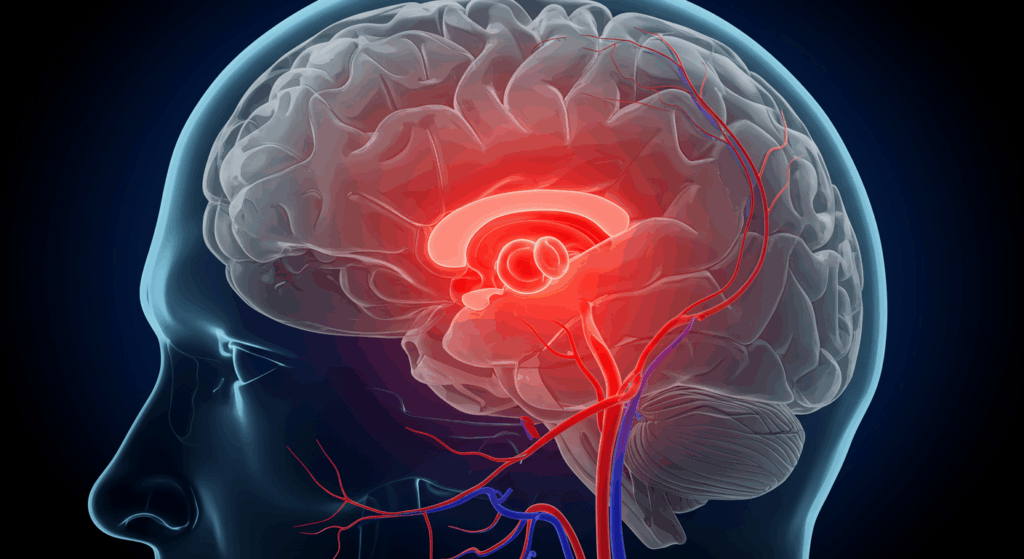 A detailed 3D medical visualization of a human brain, rendered as semi-transparent to show the arteries within. Focus on the carotid artery leading into the brain, where a glowing red blood clot is shown blocking the blood flow. The area of the brain affected by the blockage is shown as a darker, fading color. Scientific, high-tech neuro-imaging style, conveys a sense of medical emergency.
