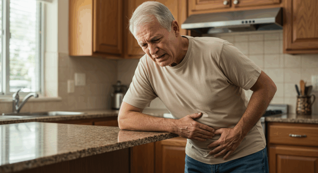 Prompt: "A senior male leaning over a kitchen counter with one hand on stomach, looking nauseous or uncomfortable, no food around, soft indoor lighting, realistic styling" 