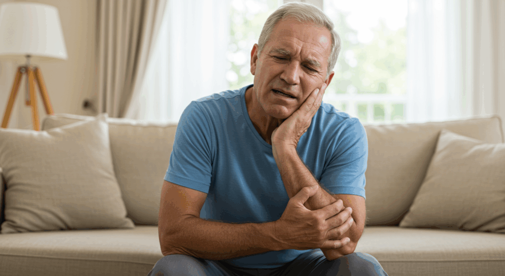 Prompt: "A senior male holding his left arm and jaw at the same time, wincing slightly, signaling radiating pain, seated in a living room, natural lighting, detailed facial expression" 