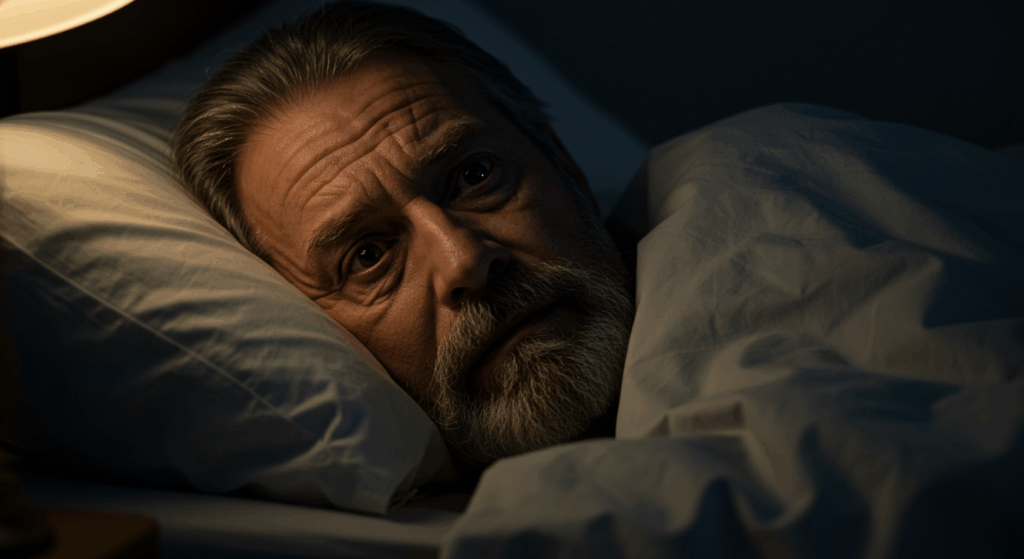 Prompt: "An elderly man lying awake in bed at night, eyes open wide with a worried expression, ambient dim lighting from a bedside lamp, mood of unease and restlessness" 