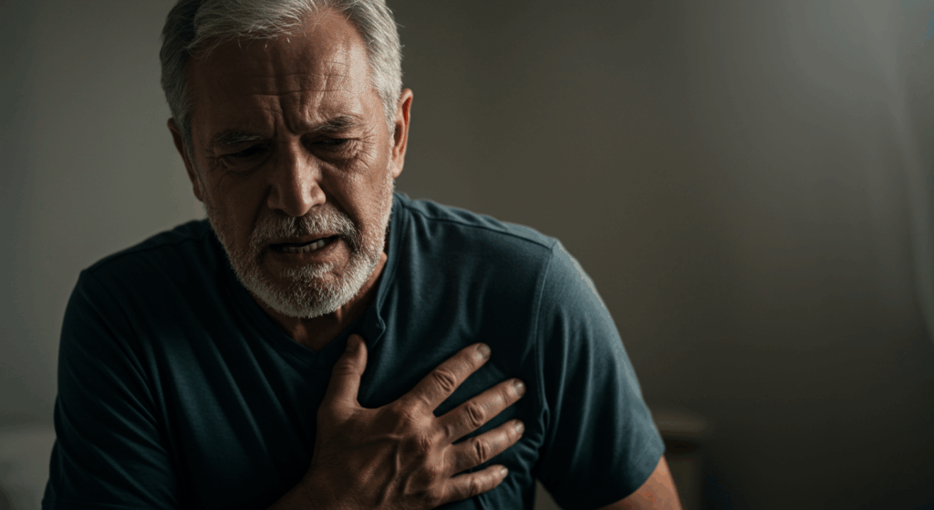 Prompt: "An older man clutching his chest in severe pain, dramatic lighting, emergency-like atmosphere, background slightly blurred to emphasize expression and body language" 