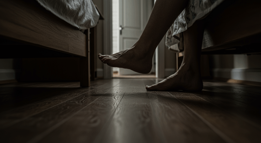 A low-angle point-of-view shot of an elderly person's bare feet touching a cold, dark wooden floor next to a bed. The hallway leading out of the bedroom is dark and filled with long shadows, creating a sense of vulnerability and impending risk. The image should convey the feeling of a perilous journey. Cinematic, photorealistic, high detail, 4K.
