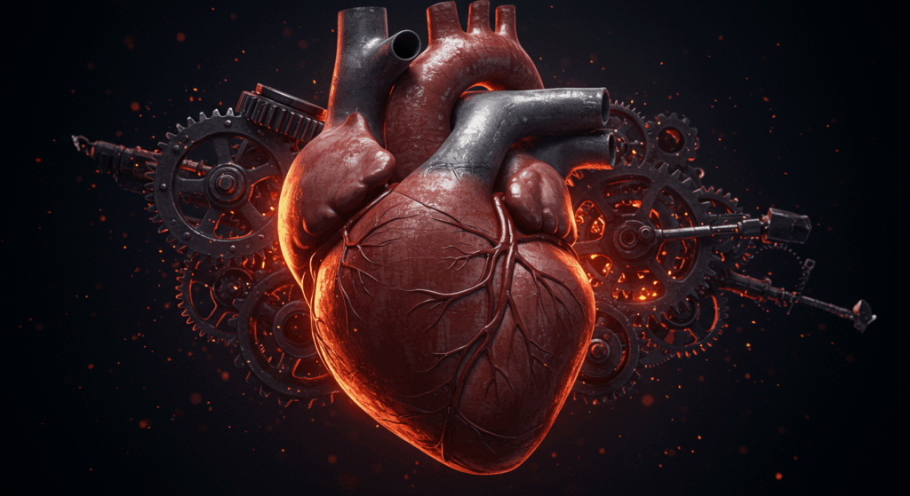 A powerful visual metaphor. A close-up shot of a human heart, but its textures are replaced with grinding metal gears and machinery from a 1950s factory. Some gears are glowing red-hot from overwork against a dark background, symbolizing immense strain and exhaustion. Cinematic, conceptual, photorealistic, high detail, 4K.
