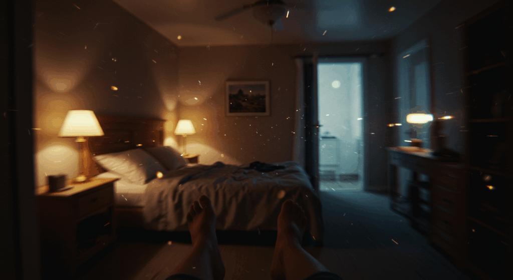 A first-person point-of-view shot from someone who has just stood up too fast from bed. The bedroom is visible but the edges of the image are heavily blurred, vignetted, and distorted, with bright spots of light to simulate dizziness and orthostatic hypotension. The feeling is disorienting and unstable. Cinematic, photorealistic, high detail, 4K.
