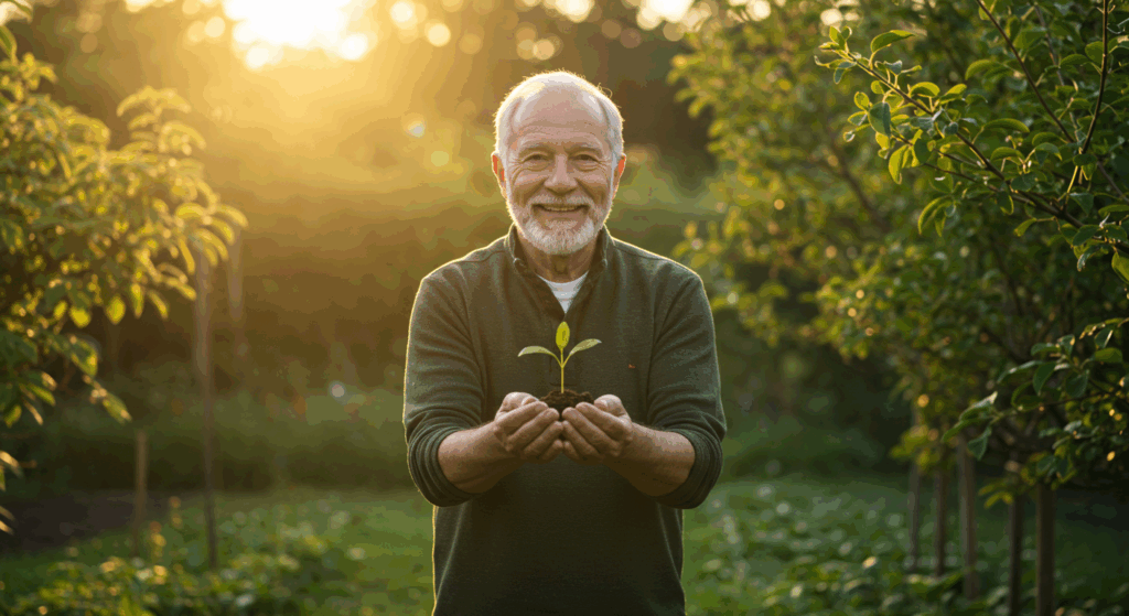 A hopeful, wide shot of Harold, the wise senior man, standing in a lush, beautiful garden at sunrise. He is smiling warmly, holding a tiny, vibrant green seedling in his cupped hands, preparing to plant it. The golden morning light filters through the leaves, creating an atmosphere of peace, growth, and a bright future. Cinematic, photorealistic, high detail, 4K.
