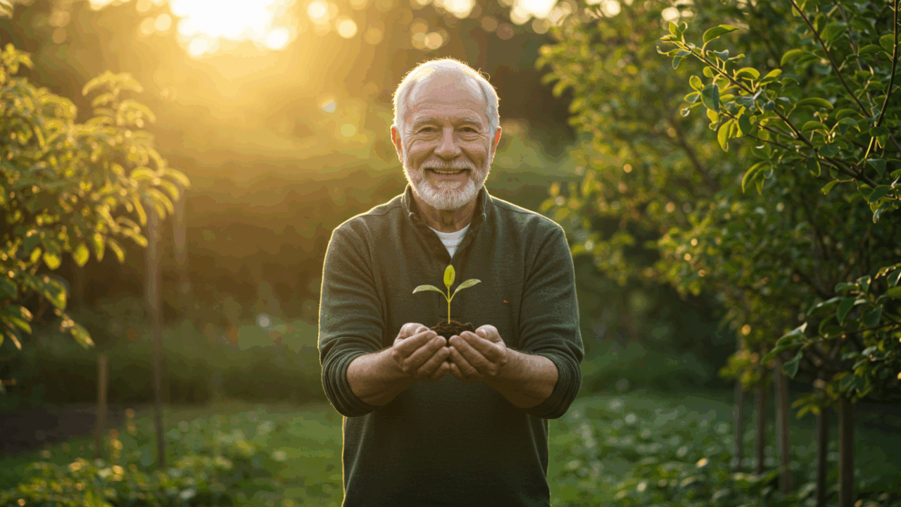 A hopeful, wide shot of Harold, the wise senior man, standing in a lush, beautiful garden at sunrise. He is smiling warmly, holding a tiny, vibrant green seedling in his cupped hands, preparing to plant it. The golden morning light filters through the leaves, creating an atmosphere of peace, growth, and a bright future. Cinematic, photorealistic, high detail, 4K.