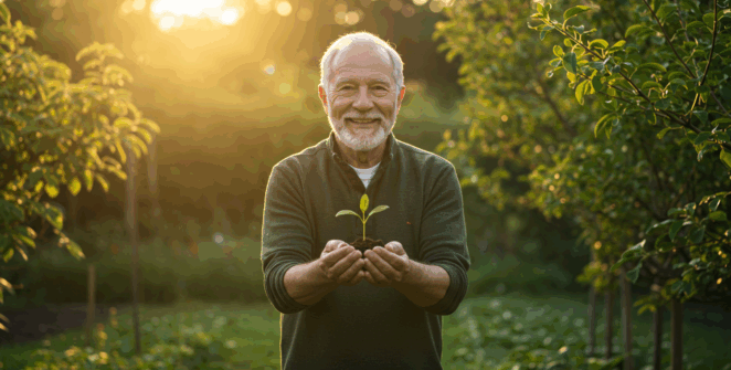 A hopeful, wide shot of Harold, the wise senior man, standing in a lush, beautiful garden at sunrise. He is smiling warmly, holding a tiny, vibrant green seedling in his cupped hands, preparing to plant it. The golden morning light filters through the leaves, creating an atmosphere of peace, growth, and a bright future. Cinematic, photorealistic, high detail, 4K.