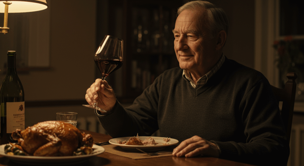 cinematic photo, a pensive 65-year-old man (Harold) sitting at a dark wood dinner table, swirling a glass of deep red Bordeaux wine. Warm, soft lighting from a nearby lamp illuminates his face, which shows a mix of contentment and quiet pride. In the background, the remnants of a roast chicken dinner are slightly out of focus. The mood is intimate and nostalgic, yet with a subtle feeling of foreboding. Photorealistic, shallow depth of field, 4K.
