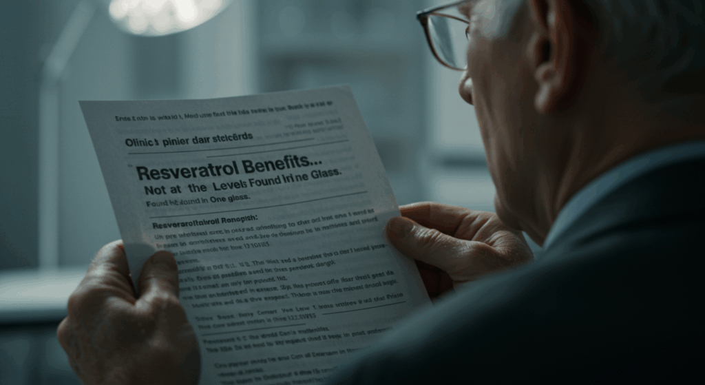 cinematic close-up, over-the-shoulder shot of an elderly man's hands holding a clinical research paper. The focus is sharp on the paper, highlighting a bolded headline: "Resveratrol Benefits... Not at the Levels Found in One Glass." The man's face, partially visible, shows an expression of shocked realization. The lighting is stark and clinical, like in a doctor's office. The background is a blurred, sterile office environment. Photorealistic, dramatic lighting, high detail.
