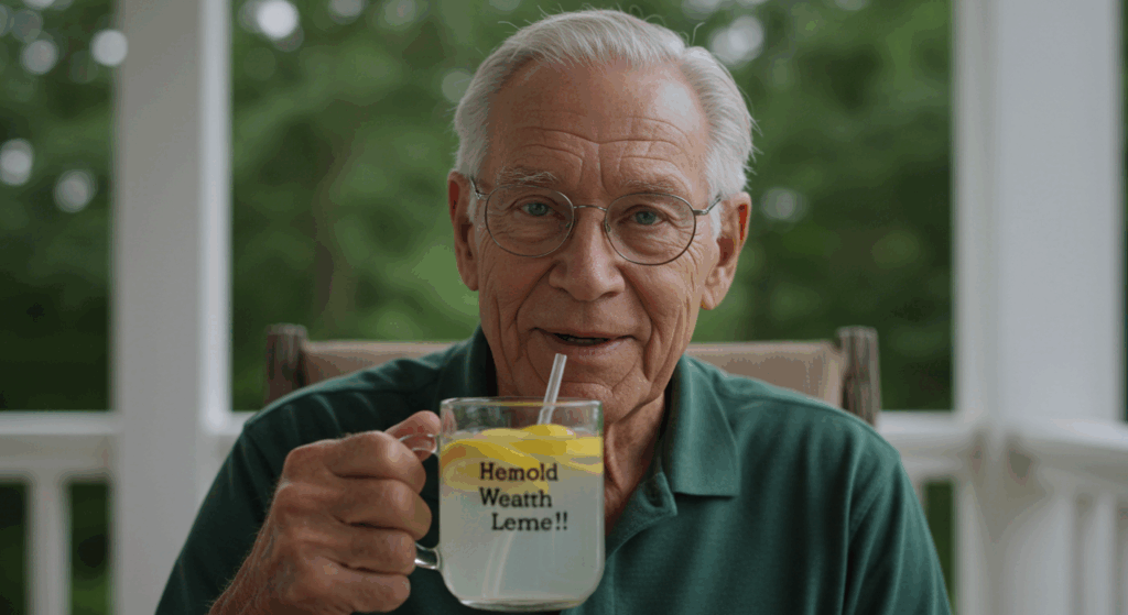 intimate portrait, an authentic 76-year-old man (Harold) with kind eyes, looking directly into the camera with a sincere, gentle smile. He is sitting on his porch, holding his signature mug of lemon water. The background is softly blurred. The lighting is natural and flattering. He looks like a trusted friend sharing a vital piece of advice. The image should feel genuine, trustworthy, and deeply personal. 4K, photorealistic, direct gaze.
