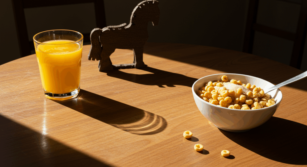 A beautiful, sunlit breakfast table featuring a glass of orange juice and a bowl of sugary cereal. Casting a long, dark, ominous shadow over the healthy-looking food is the distinct silhouette of a large Trojan Horse, hinting at a hidden danger. Photorealistic, high contrast, warm morning light clashing with the dark shadow. --ar 16:9 