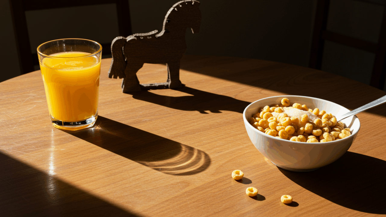 A beautiful, sunlit breakfast table featuring a glass of orange juice and a bowl of sugary cereal. Casting a long, dark, ominous shadow over the healthy-looking food is the distinct silhouette of a large Trojan Horse, hinting at a hidden danger. Photorealistic, high contrast, warm morning light clashing with the dark shadow. --ar 16:9