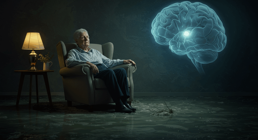 Surreal, metaphorical image. An elderly person is sitting in a comfortable armchair in a dimly lit living room. The floor around them has transformed into a murky, stagnant river, barely moving. In the background, a ghostly image of a brain appears dim and starved of light, symbolizing the lack of oxygen. --ar 16:9 