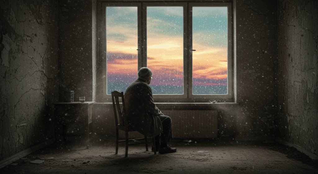 An elderly person sits alone in a dimly lit room, looking out a rainy window. The room around them appears to be subtly crumbling and turning to dust, symbolizing decay and isolation. Outside the window, the world is vibrant and full of color, creating a stark contrast. Somber mood, high detail on the dust particles. --ar 16:9 