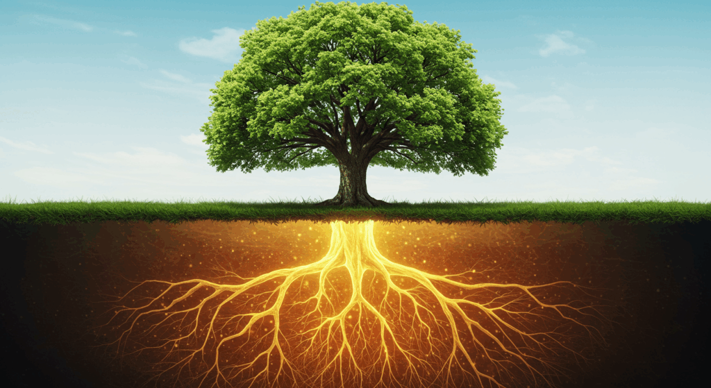 A magnificent, large tree, representing the mind. The image is a symbolic split-view: the top half shows the tree with vibrant, healthy green leaves against a clear sky. The bottom half is the view underground, revealing an intricate root system that is glowing with a warm, golden, intelligent light, with the roots subtly shaped like neural networks. --ar 16:9 