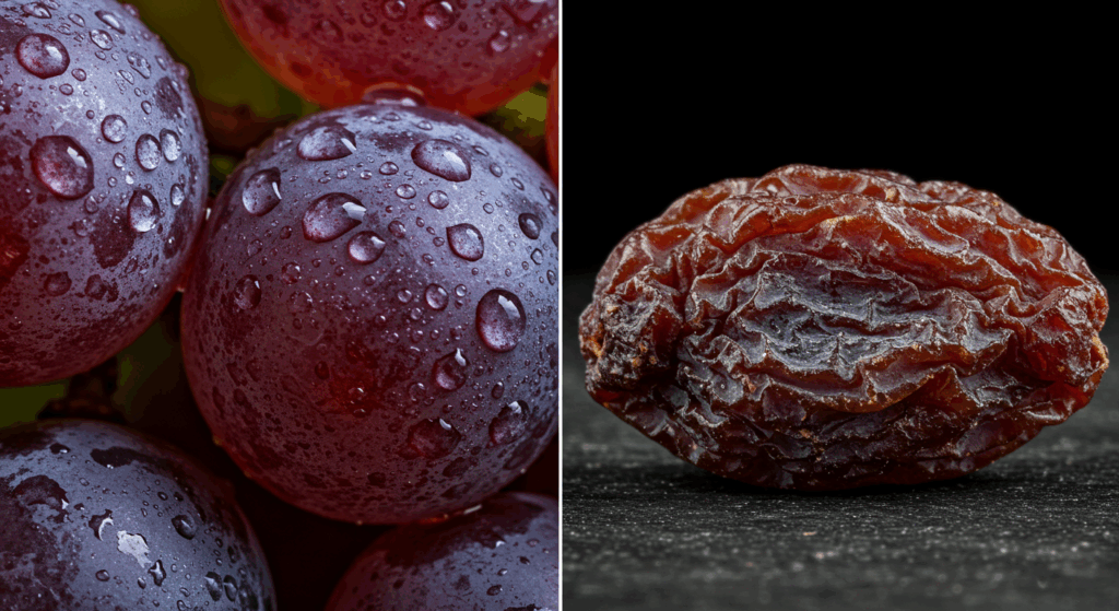 A dramatic side-by-side comparison. On the left side of the image, a plump, vibrant, healthy grape, glistening with water droplets. On the right side, a shriveled, dry, lifeless raisin. High detail macro shot, dramatic lighting, on a dark background to emphasize the contrast between life and decay. --ar 16:9 