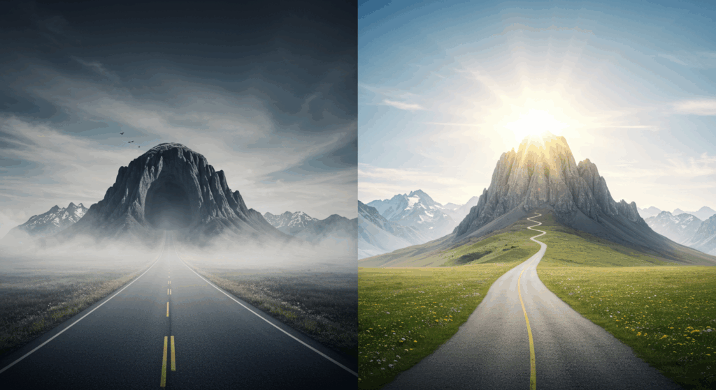 Epic fantasy landscape inside a human mind. There is a fork in the road. One path is a wide, smooth, paved highway that leads into a dark, foggy abyss. The other path is a narrow, rugged, unbeaten trail that winds up a bright, sunlit mountain, representing a challenge. --ar 16:9