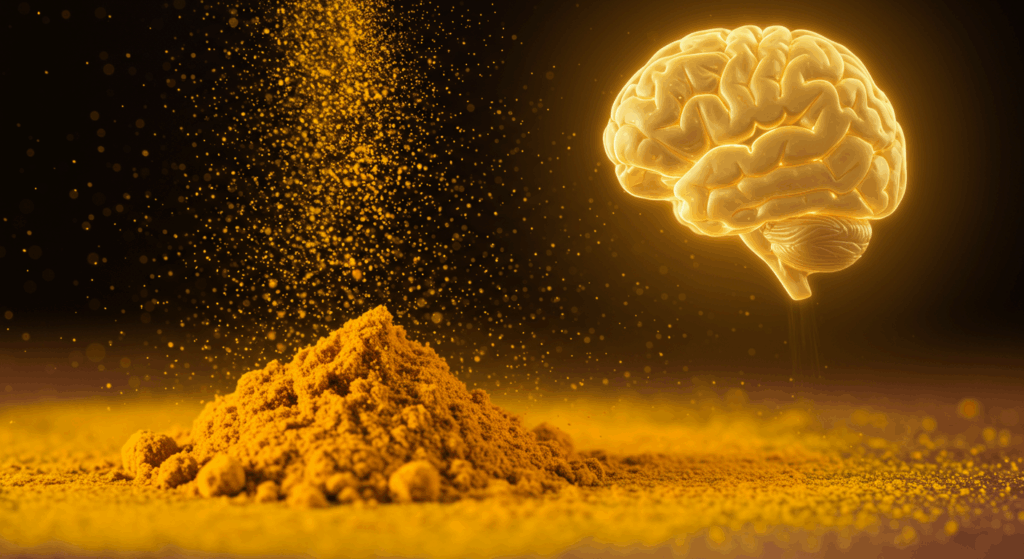 Extreme close-up macro shot of golden turmeric powder being sprinkled. As the particles fall, they transform into tiny, glowing sparks of golden light that swirl upwards towards a softly illuminated, healthy brain in the soft-focus background. Magical realism, healing aura, warm and hopeful mood. --ar 16:9