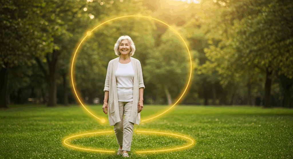 A serene, photorealistic image of a 72-year-old woman with a gentle smile, walking comfortably in a lush green park. A soft, golden aura of light forms a "zone" or a path directly in front of her, symbolizing the safe and optimal "Goldilocks Zone." Her posture is relaxed, and she looks like she could easily hold a conversation. Golden hour lighting, soft focus background, emotionally warm, 4K detail.
