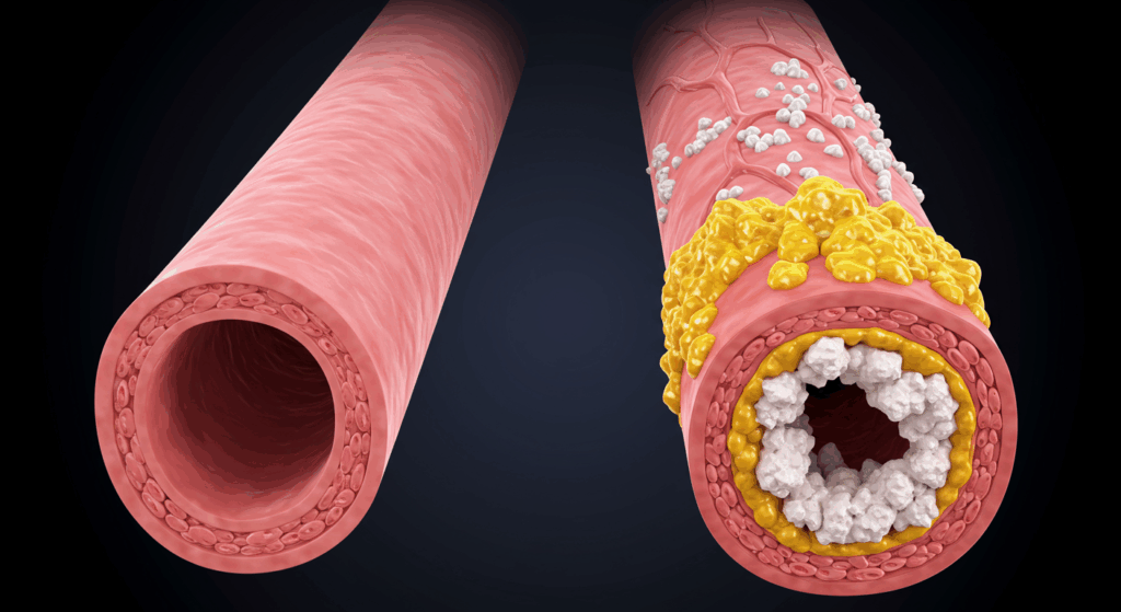 Prompt: ultra-detailed 3D medical illustration, a side-by-side comparison cross-section of a human artery. The left side shows a healthy, pink, wide-open artery. The right side shows an artery dangerously narrowed by yellow atherosclerotic plaque and hard, white calcification. Clear, educational, scientific visualization, dramatic lighting, on a dark background. 