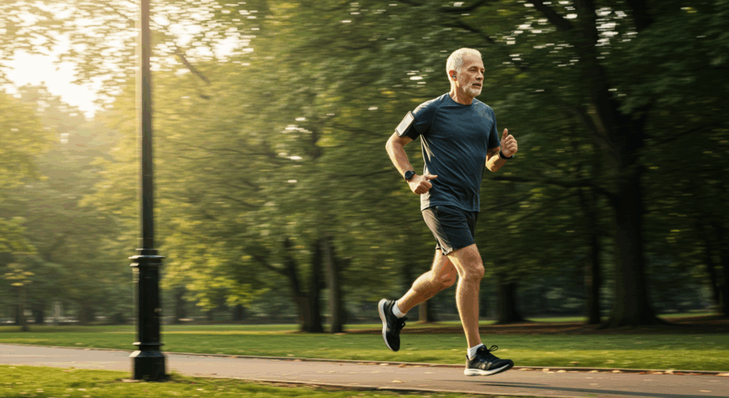 A dynamic, cinematic action shot of a fit 78-year-old man purposefully quickening his pace on a park trail. His focus is on a lamppost about 50 feet ahead. The background has a slight motion blur to emphasize his speed, but his determined expression is in sharp focus. The image should convey controlled energy and resilience, not strain. Bright morning sunlight breaking through trees, high-speed photography style, inspirational.
